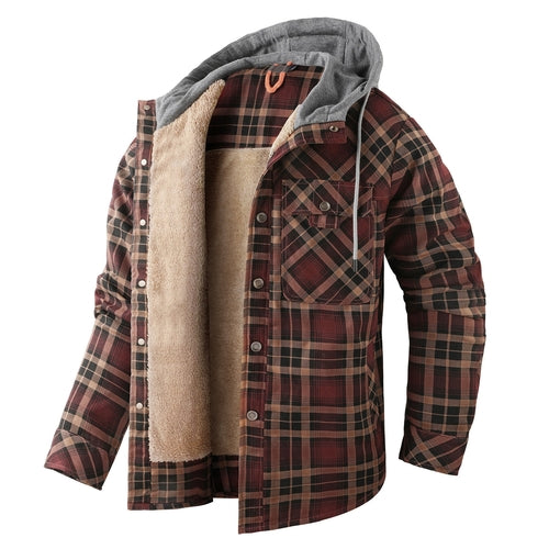 Men’s Fleece-Lined Hooded Plaid Flannel Jacket – Winter Cotton Padded