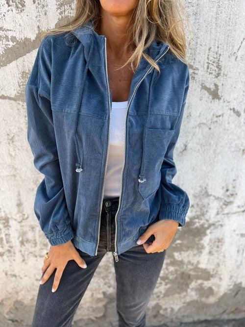 Corduroy Hooded Zip-up Jacket With Pockets Fashion Casual Drawstring