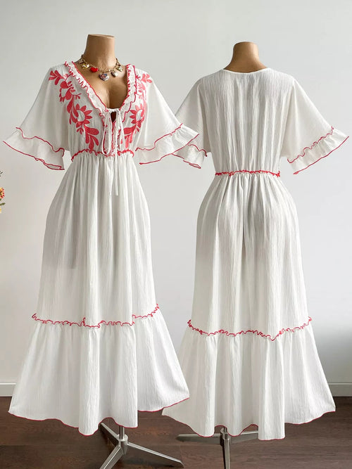 Plus Size Front Tie Maxi Dress with Floral Embroidered