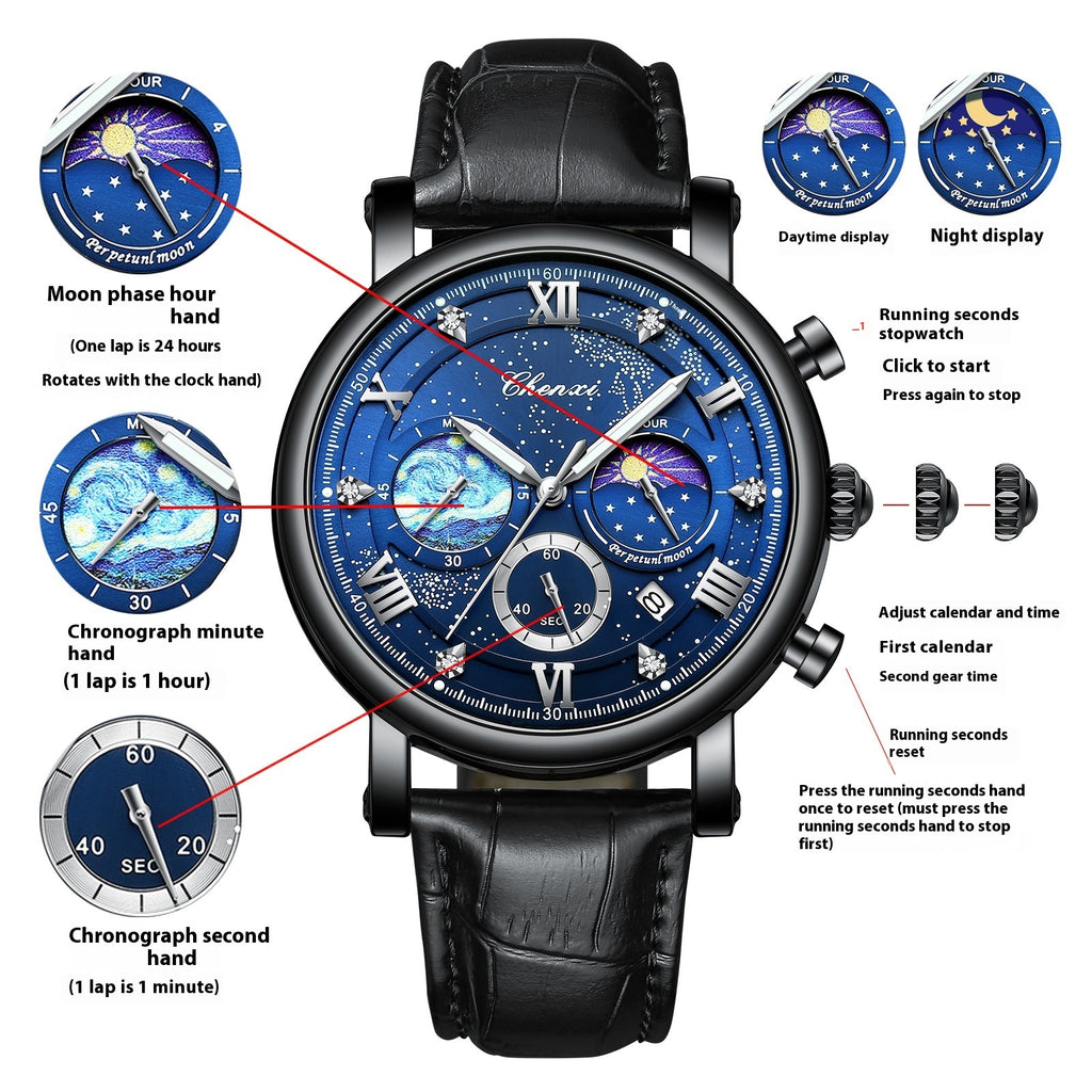 Multifunctional Luminous Moon Phase Calendar Watch