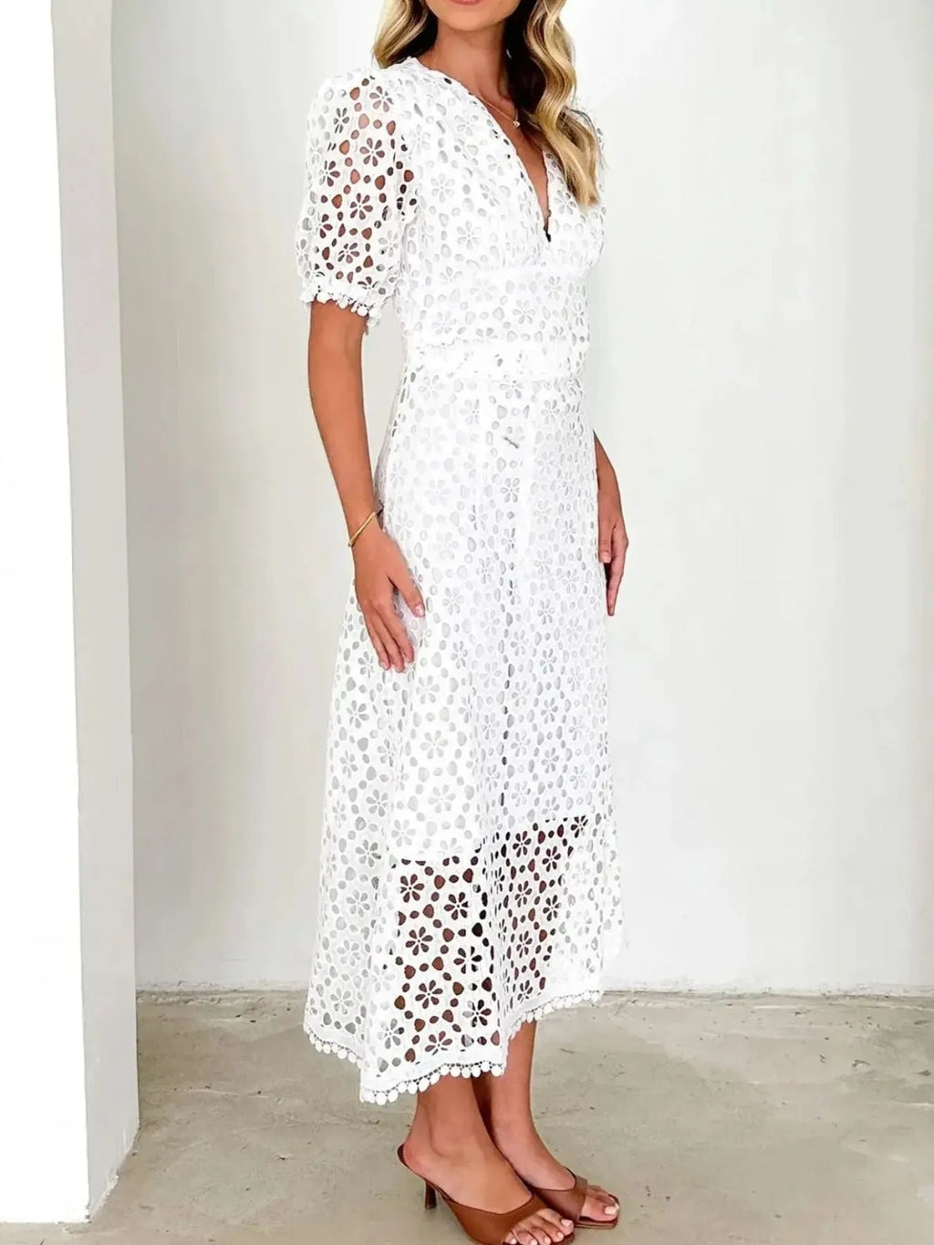 Eyelet Lace V-Neck Midi Dress with Puff Sleeves