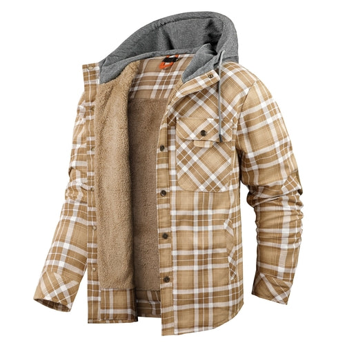 Men’s Fleece-Lined Hooded Plaid Flannel Jacket – Winter Cotton Padded