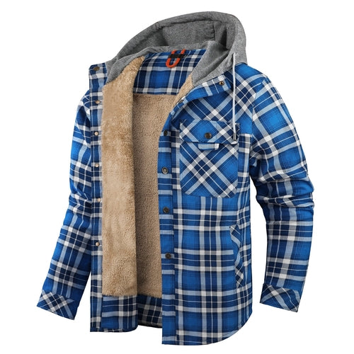 Men’s Fleece-Lined Hooded Plaid Flannel Jacket – Winter Cotton Padded