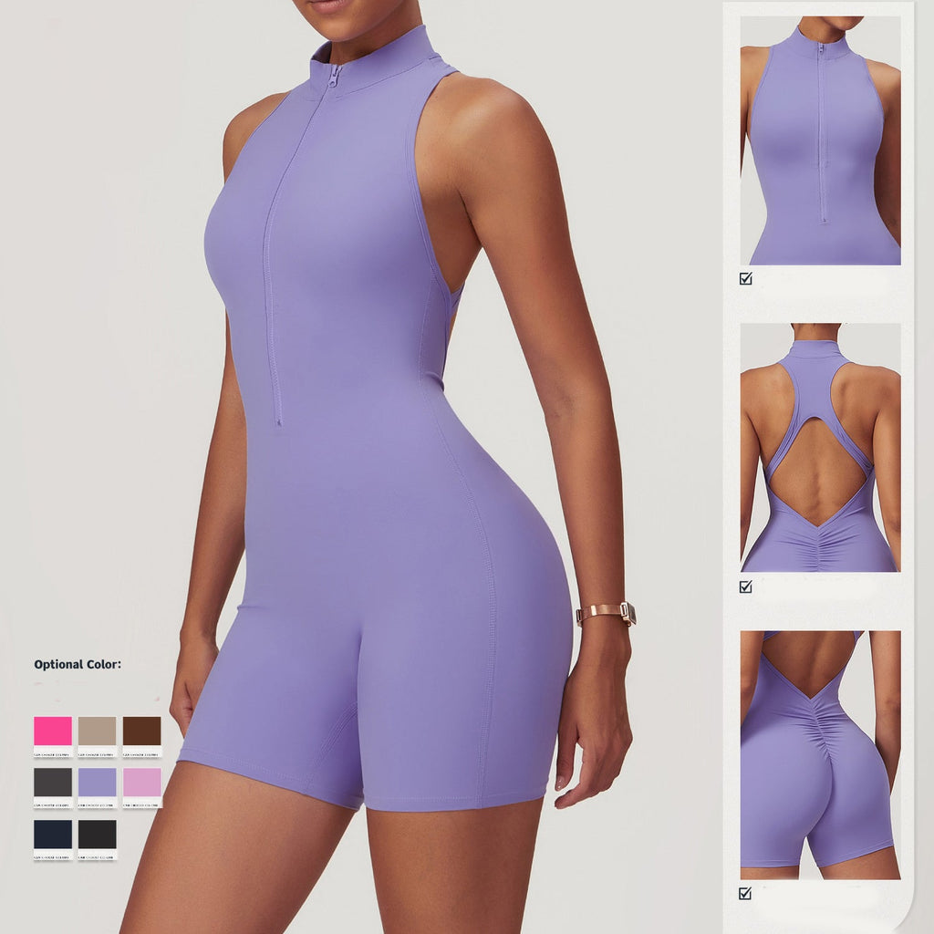 Fitness Yoga Jumpsuit With Zipper Summer Backless Shorts Jumpsuit
