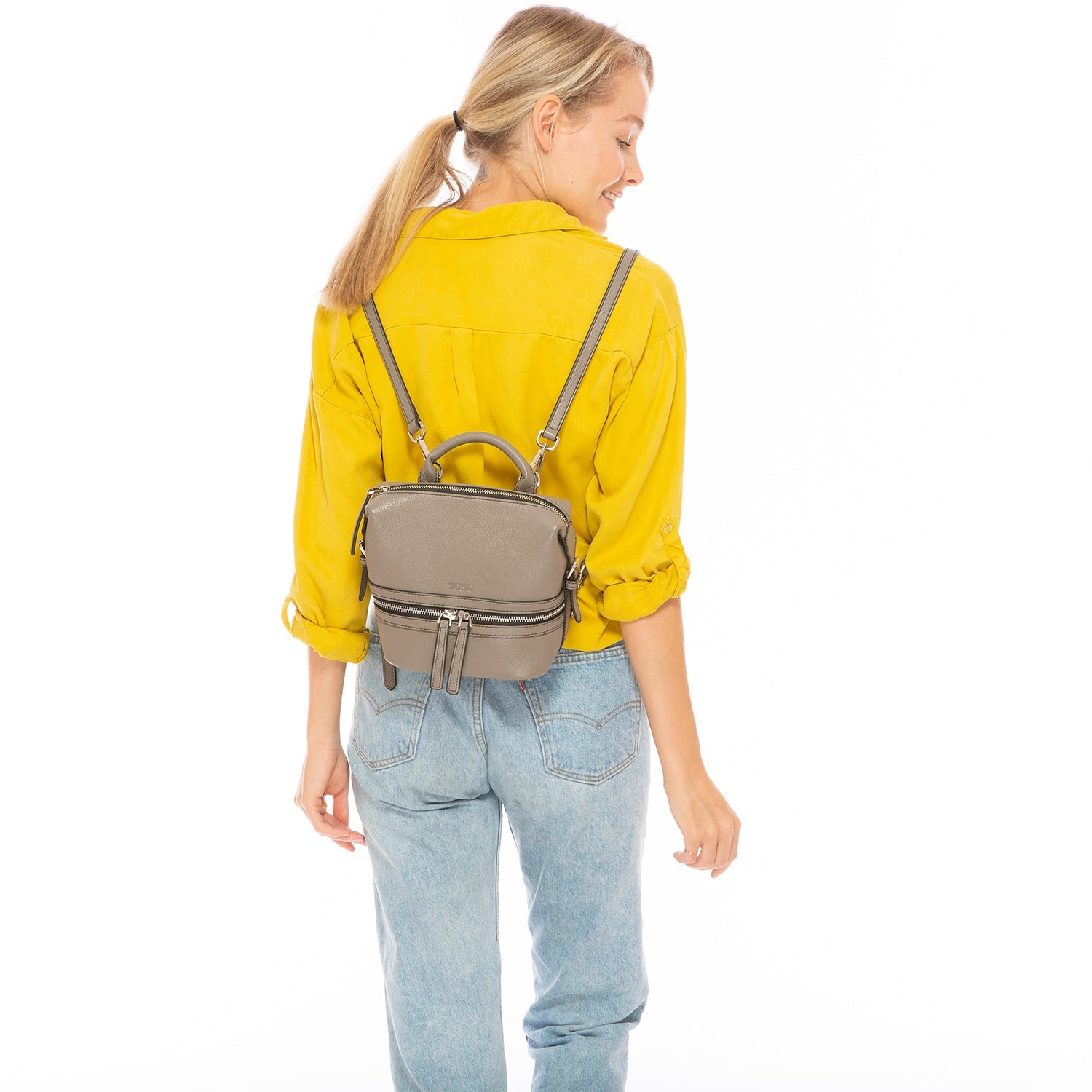 Gray Leather Backpack Purse for Women Convertible Crossbody Bag Medium