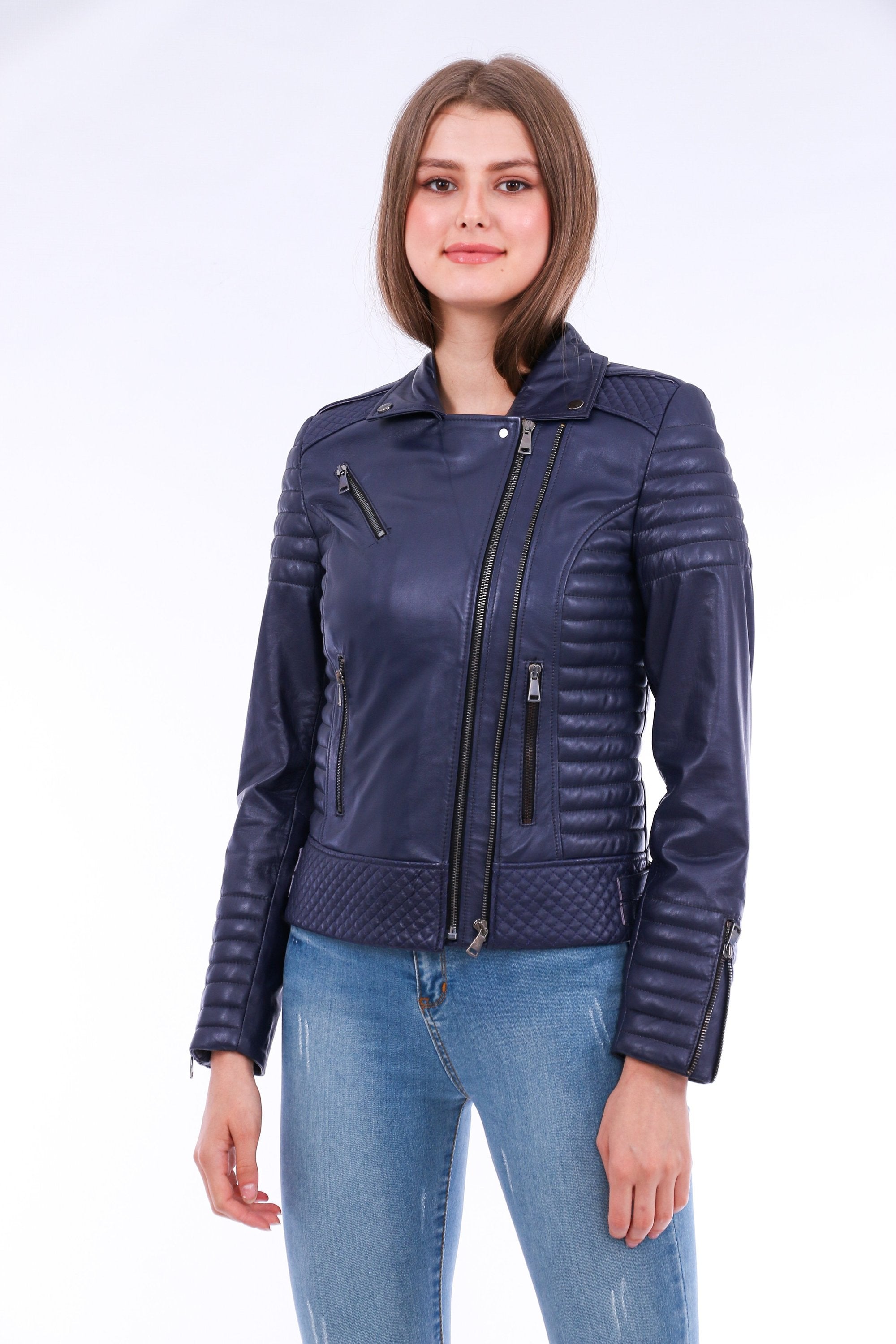 Milani Quilted Leather Biker Jacket - Navy Blue