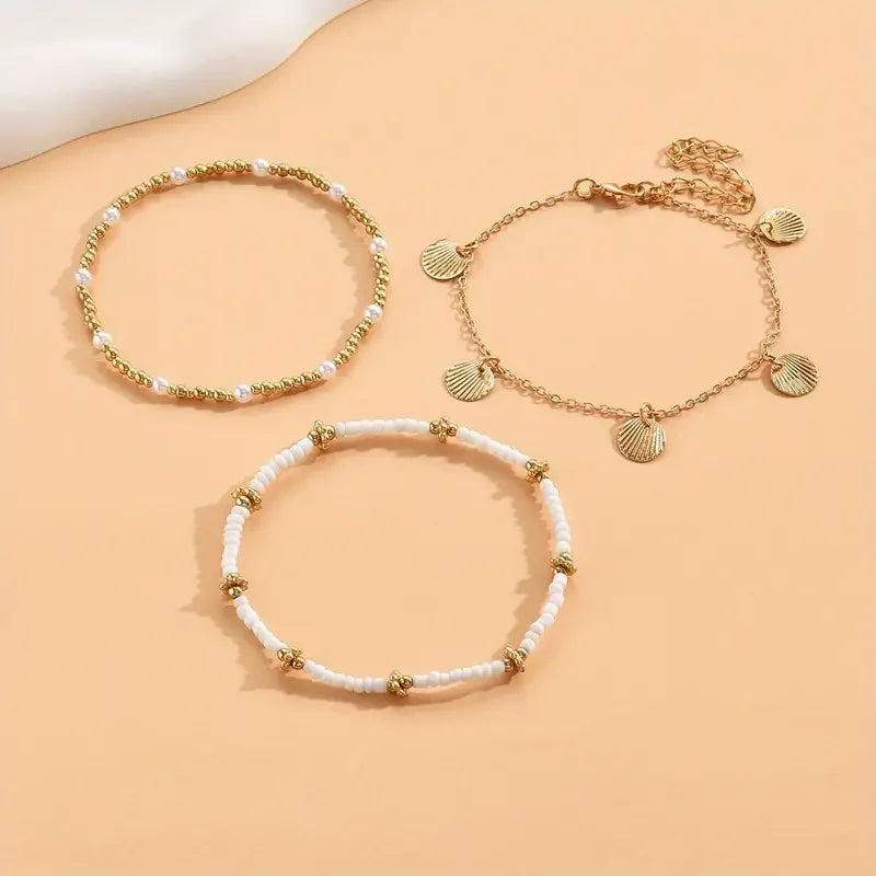 3pcs Retro Pearl Beads Anklet for Women Fashion Handmade Shell