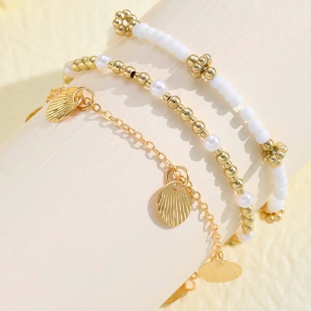 3pcs Retro Pearl Beads Anklet for Women Fashion Handmade Shell