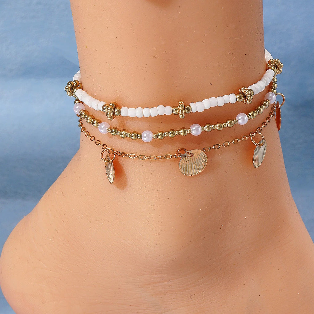 3pcs Retro Pearl Beads Anklet for Women Fashion Handmade Shell