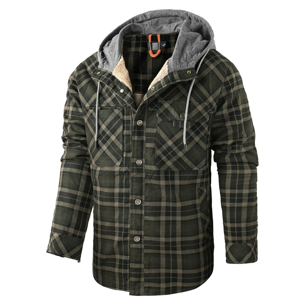 Men’s Fleece-Lined Hooded Plaid Flannel Jacket – Winter Cotton Padded