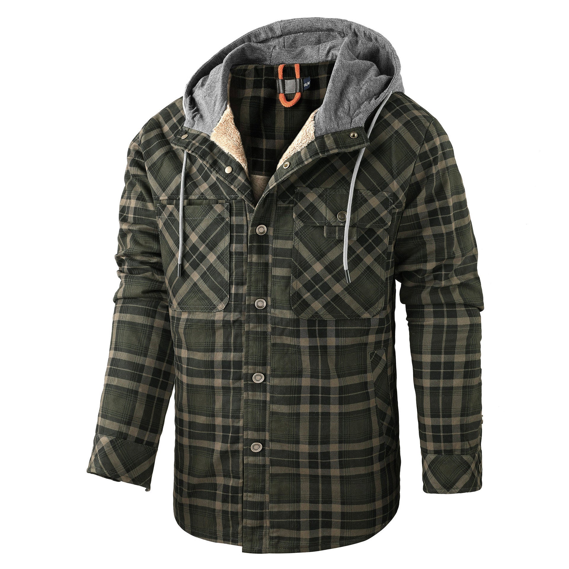 Men’s Fleece-Lined Hooded Plaid Flannel Jacket – Winter Cotton Padded