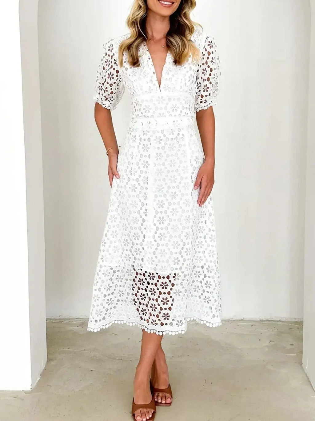 Eyelet Lace V-Neck Midi Dress with Puff Sleeves