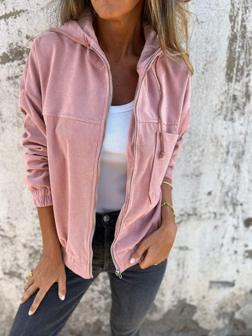Corduroy Hooded Zip-up Jacket With Pockets Fashion Casual Drawstring