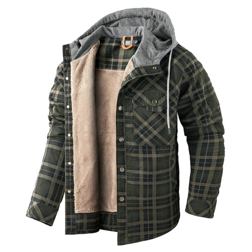 Men’s Fleece-Lined Hooded Plaid Flannel Jacket – Winter Cotton Padded
