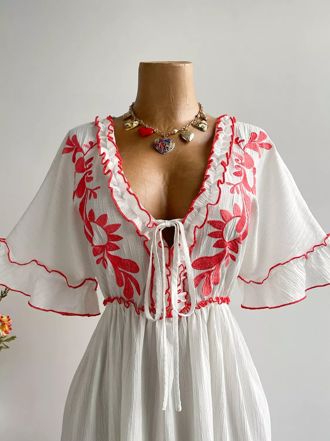 Plus Size Front Tie Maxi Dress with Floral Embroidered