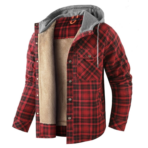 Men’s Fleece-Lined Hooded Plaid Flannel Jacket – Winter Cotton Padded