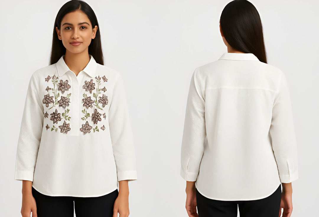 White Floral Embroidered Shirt Long Sleeves, Casual & Formal Wear