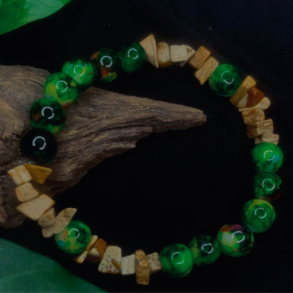Bark Agate and Black Green Stone Chip Bracelet, Stretch Bracelet
