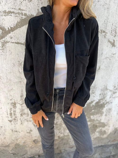 Corduroy Hooded Zip-up Jacket With Pockets Fashion Casual Drawstring