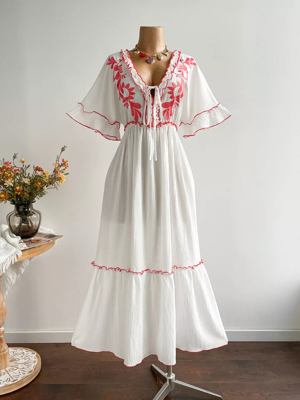 Plus Size Front Tie Maxi Dress with Floral Embroidered