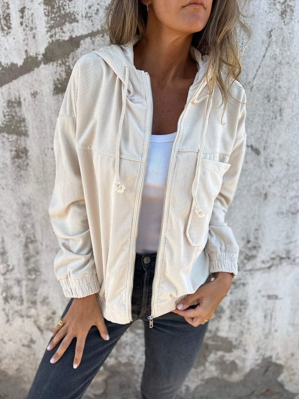 Corduroy Hooded Zip-up Jacket With Pockets Fashion Casual Drawstring