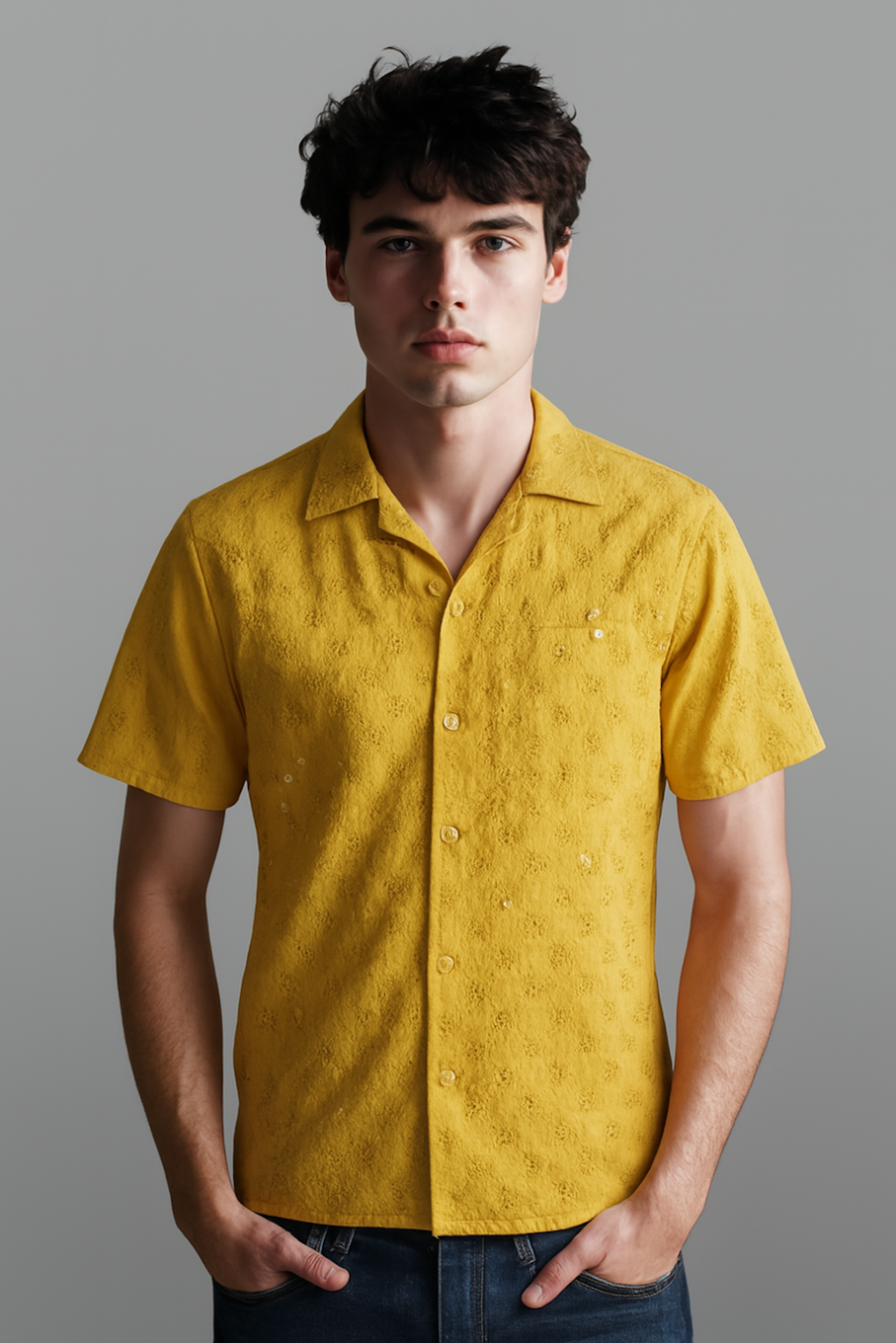 Men Printed Half Sleeve Formal Shirt-Yellow (Size-2XL)