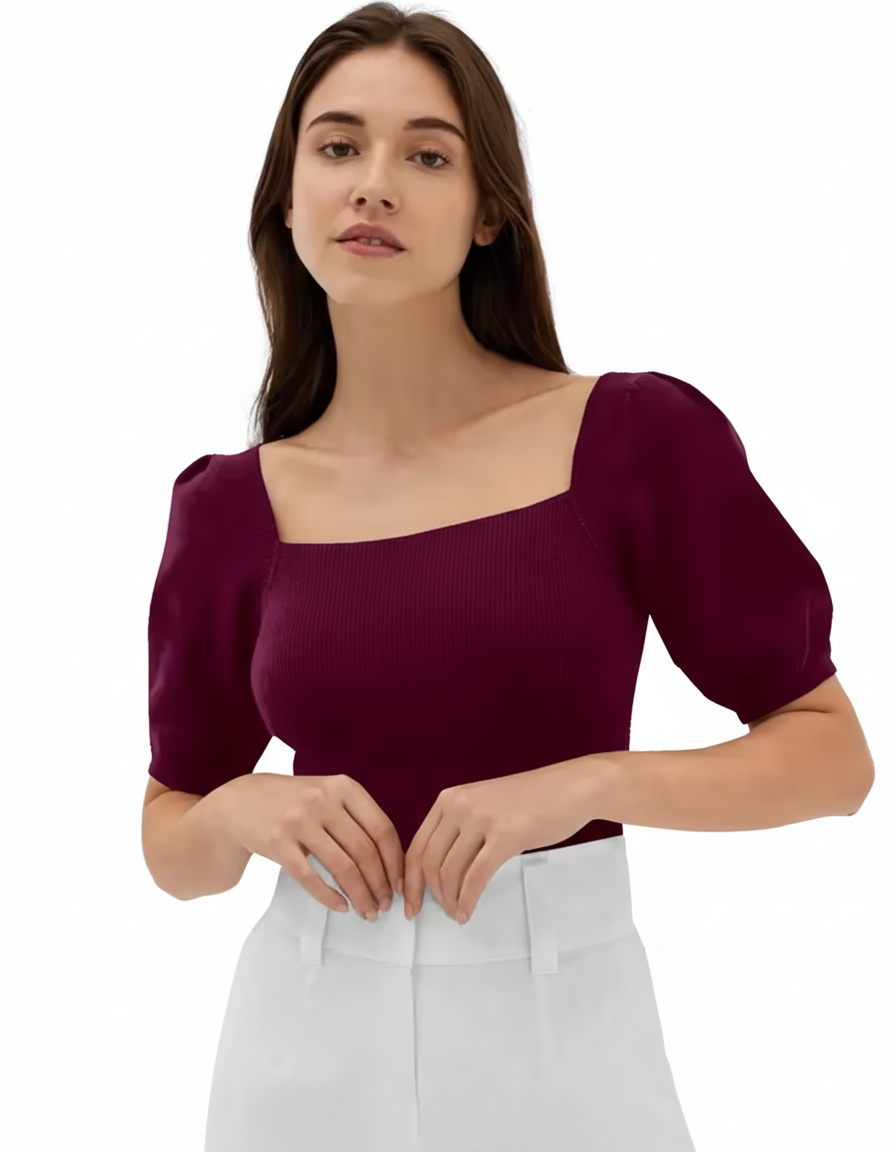 S-Women's Ribbed Knit Top – Puff Sleeves, Square Neck, Maroon Casual